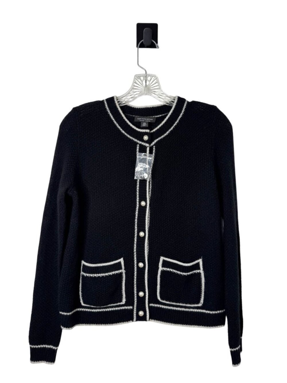 Saks Fifth Avenue Black Contrast Trim Cashmere Cardigan Jacket NWOT